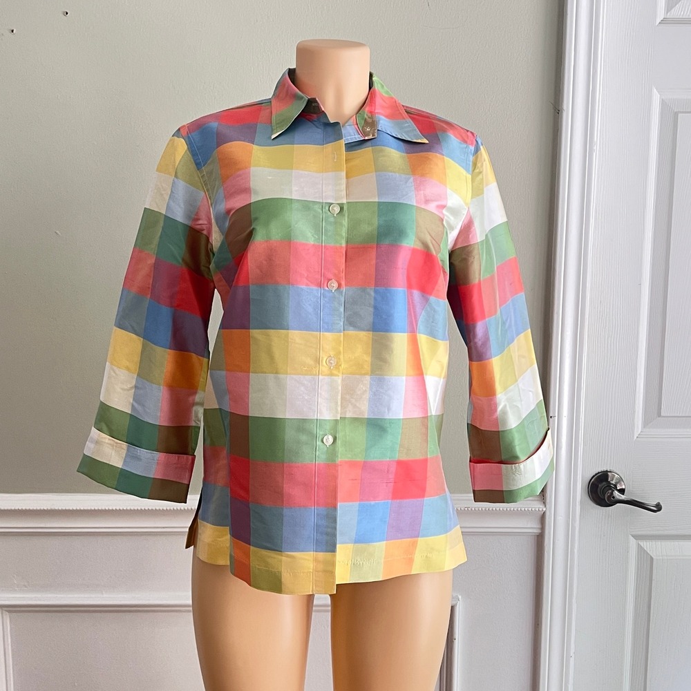 Jones New York Country Silk Blouse Womens PL Plaid 3/4 Sleeve Multi Color Preppy